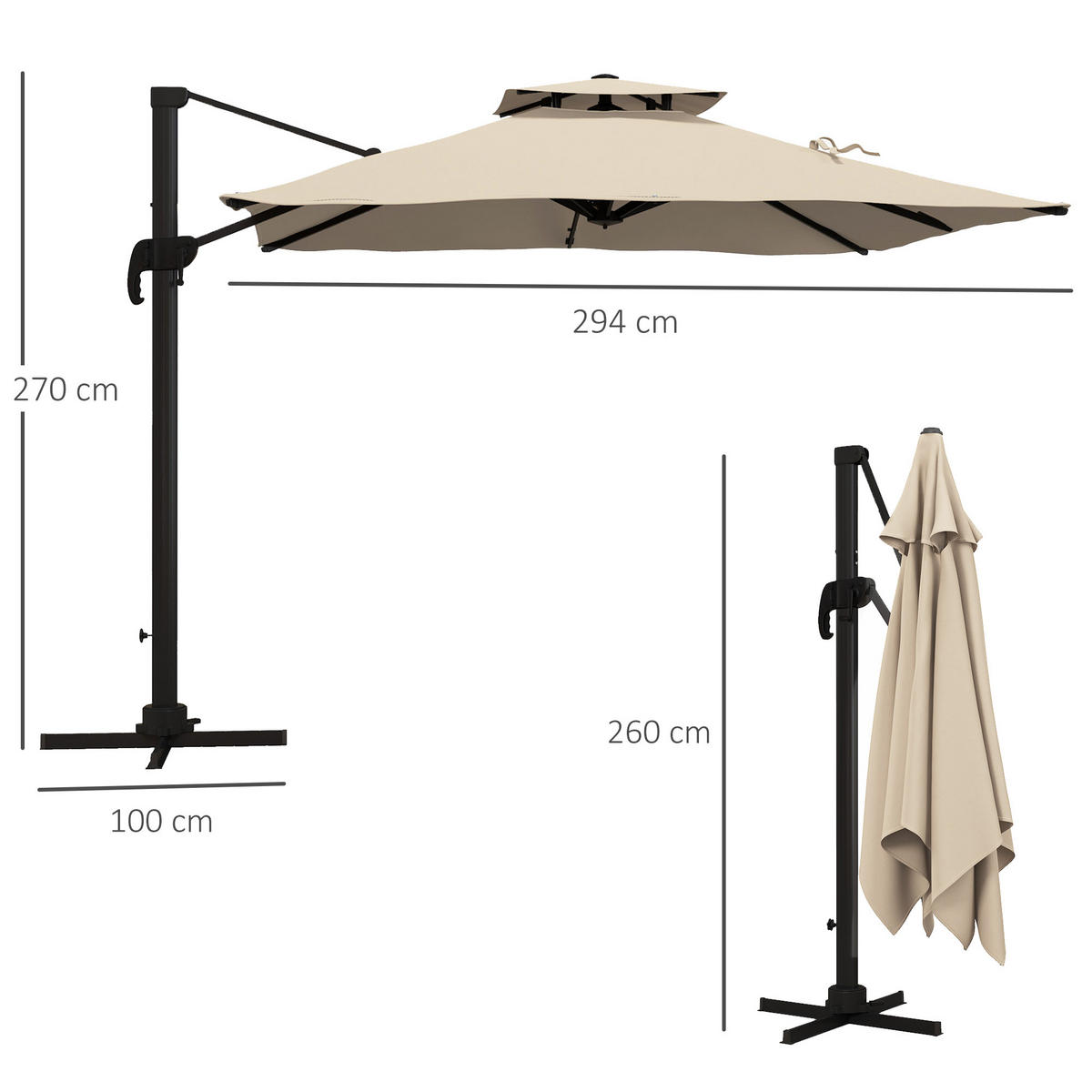 SONNENSCHIRM, Aluminum, Polyester, Khaki - Braun, Metall (294/294cm) - Outsunny