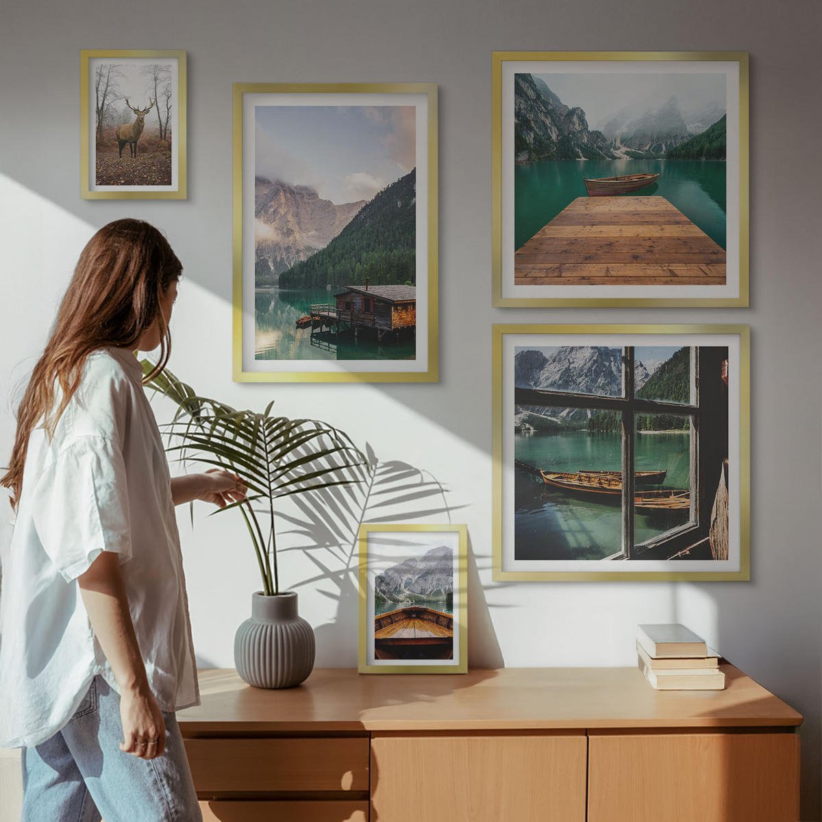 BILDER SET 5er Set - 50x50 cm & 20x30 cm & 40x60 cm Goldrahmen - Berglandschaften, Ferienhäuser, Boote - Goldfarben, Kunststoff (40/60cm) - TULUP