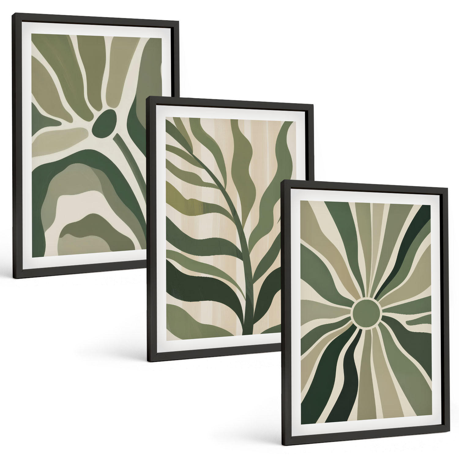 BILDER SET 3er Set - 40x60 cm Schwarzer Rahmen - Grüne und beige Pflanzenmuster - Schwarz, Kunststoff (40/60cm) - TULUP