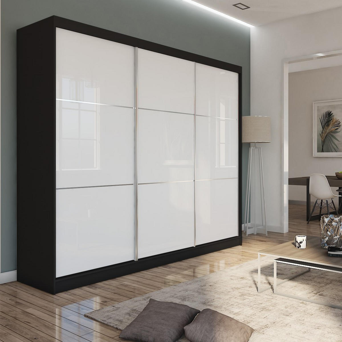 SCHWEBETÜRENSCHRANK VITALE 240/216/61 cm 3-türig Schwarz - Schwarz/Weiß, Holzwerkstoff (240/216/61cm) - MASSENO