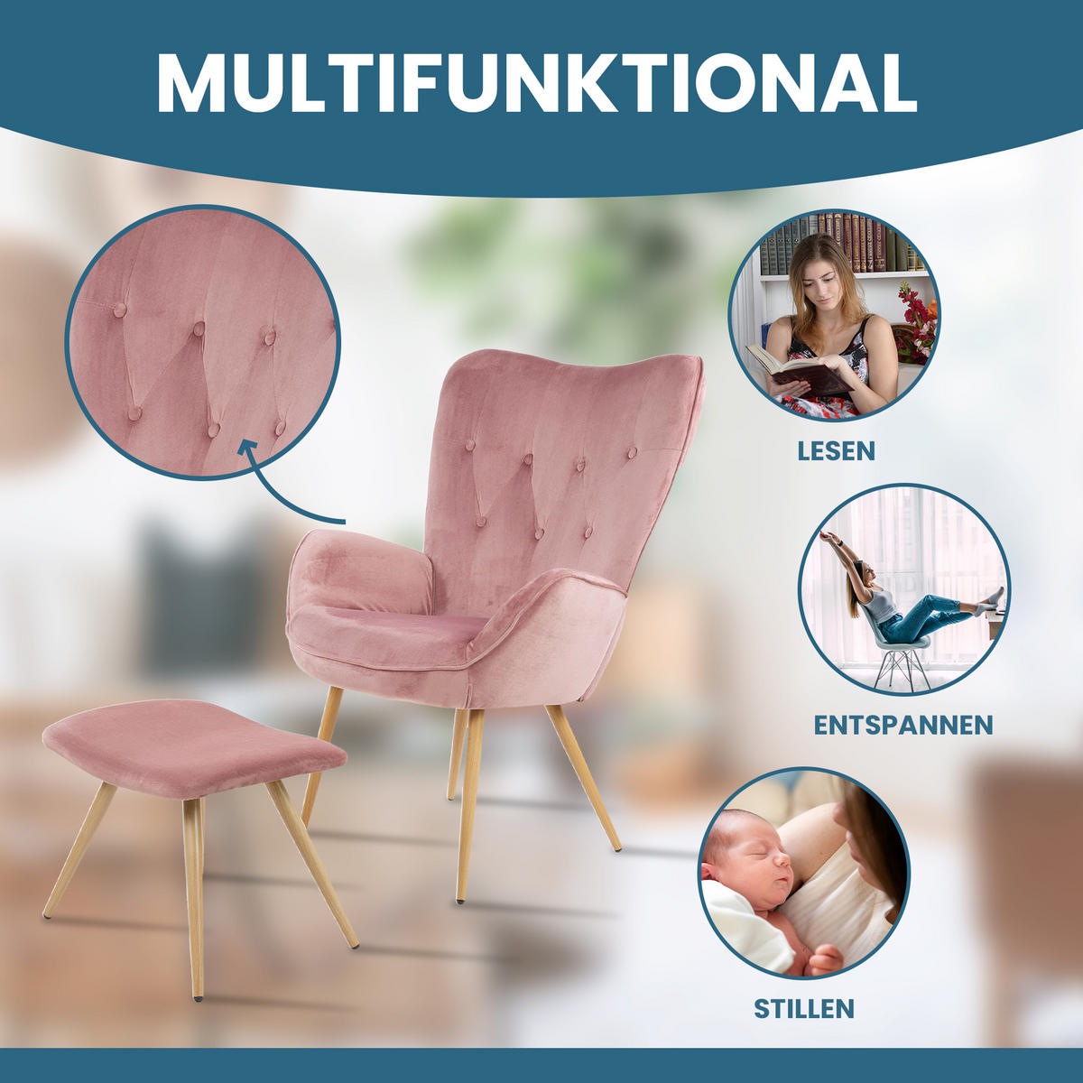 RELAXSESSELSET YORK Samt Bezug mit Hocker, Rosa - Rosa, Metall (67/100/48cm) - Albatros