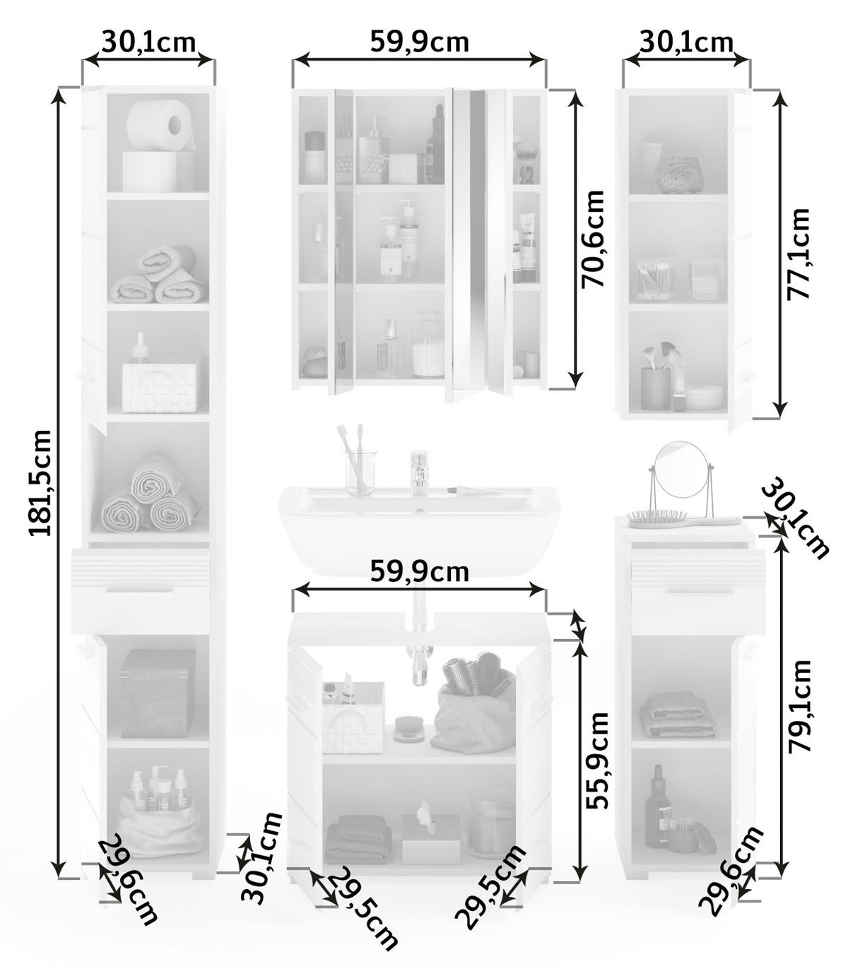 BADMÖBEL-SET weiß Hochglanz 5-teilig 150 cm, Badkombination mit Spiegelschrank - Weiß Hochglanz, Glas/Holzwerkstoff (150/182/34cm) - Inn.Furn