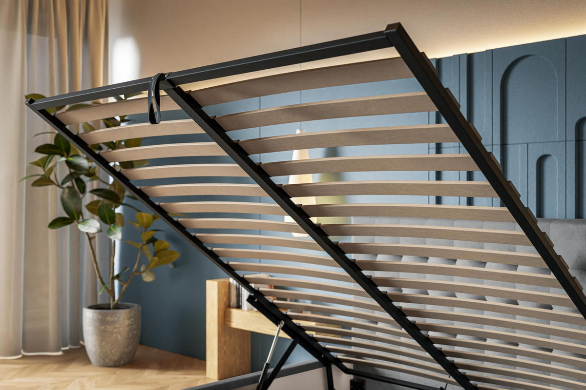 BETT 90x200 - Polsterbett mit Bettkasten und Metallrahmen - Modern Betten - Glatter Kronos-Stoff - Kollektion Rio, Blau - Blau, Holz/Textil (90/200cm) - Alpi-Möbel