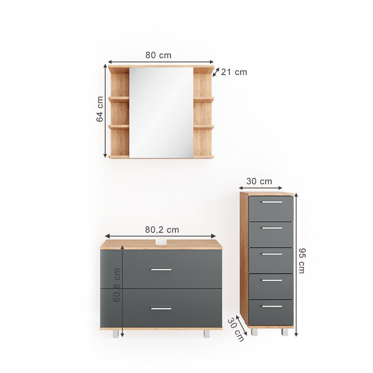 BADMÖBEL-SET Ilias Anthrazit/Goldkraft Eiche 3 Teile mit Unterschrank 80 cm - Honigeiche/Anthrazit, Holzwerkstoff (80/60/33cm) - Vicco