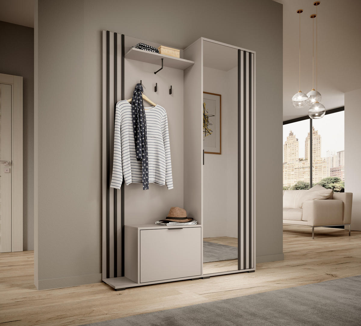 GARDEROBE STILO 131 cm (Kaschmir, Schwarze Lamellen, Spiegel, Metallgriffe) - Kaschmir/Schwarz, Holz/Holzwerkstoff (131/192/40cm) - Ravio