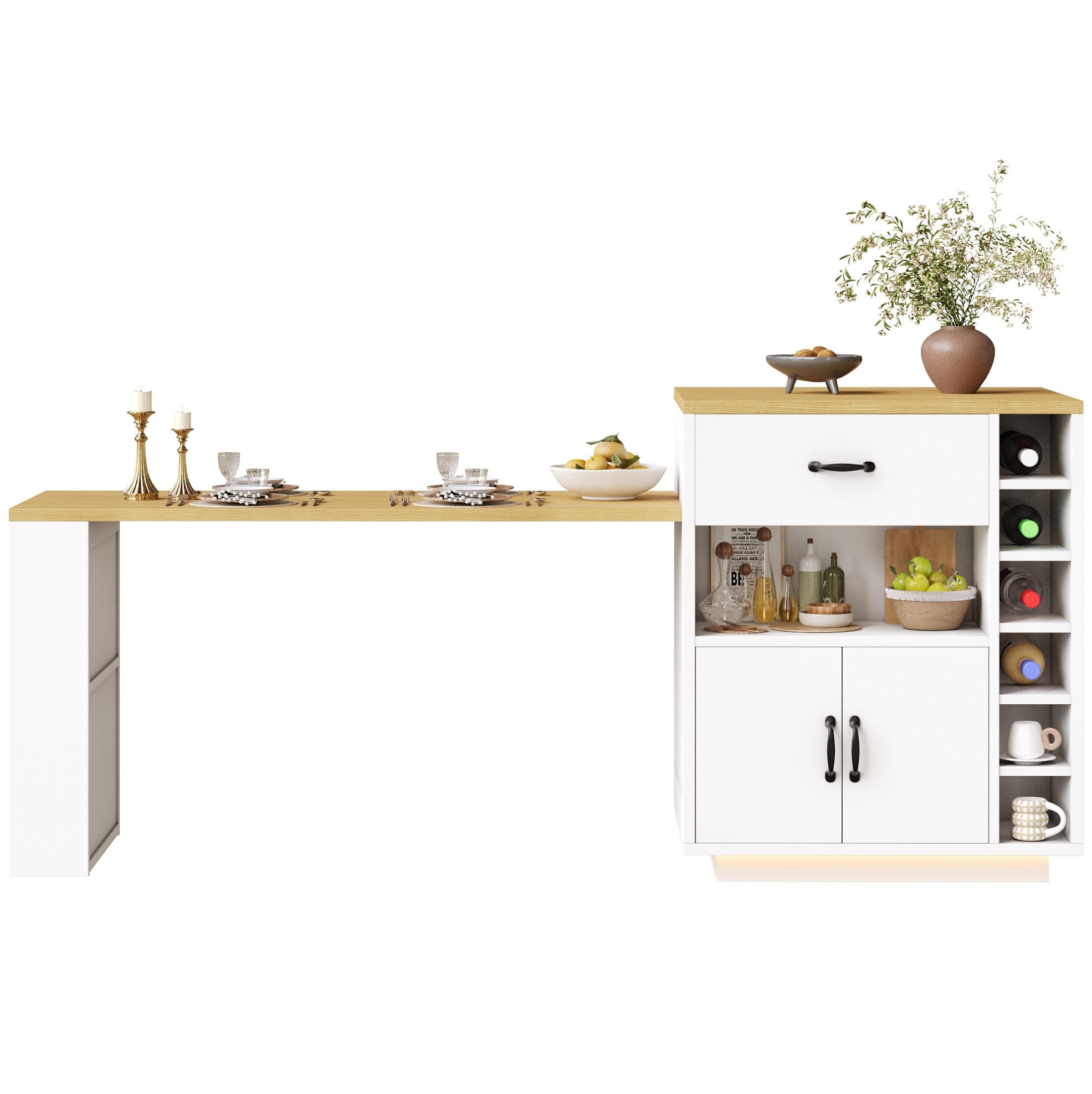 Modfu KUCHYŇSKÝ ostrůvek z MDF 80x95,5x70 cm bílý s výsuvným stolem, 2 zásuvkami a vinotékou