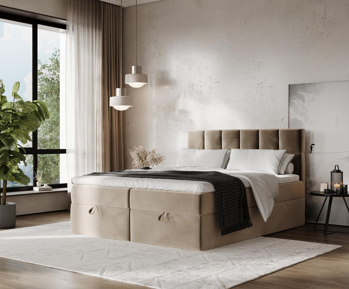 BOXBETT Savio 180/200 cm Taupe im Paros Stoff - Taupe/Schwarz, Holz/Holzwerkstoff (180/200cm) - AltaBeds