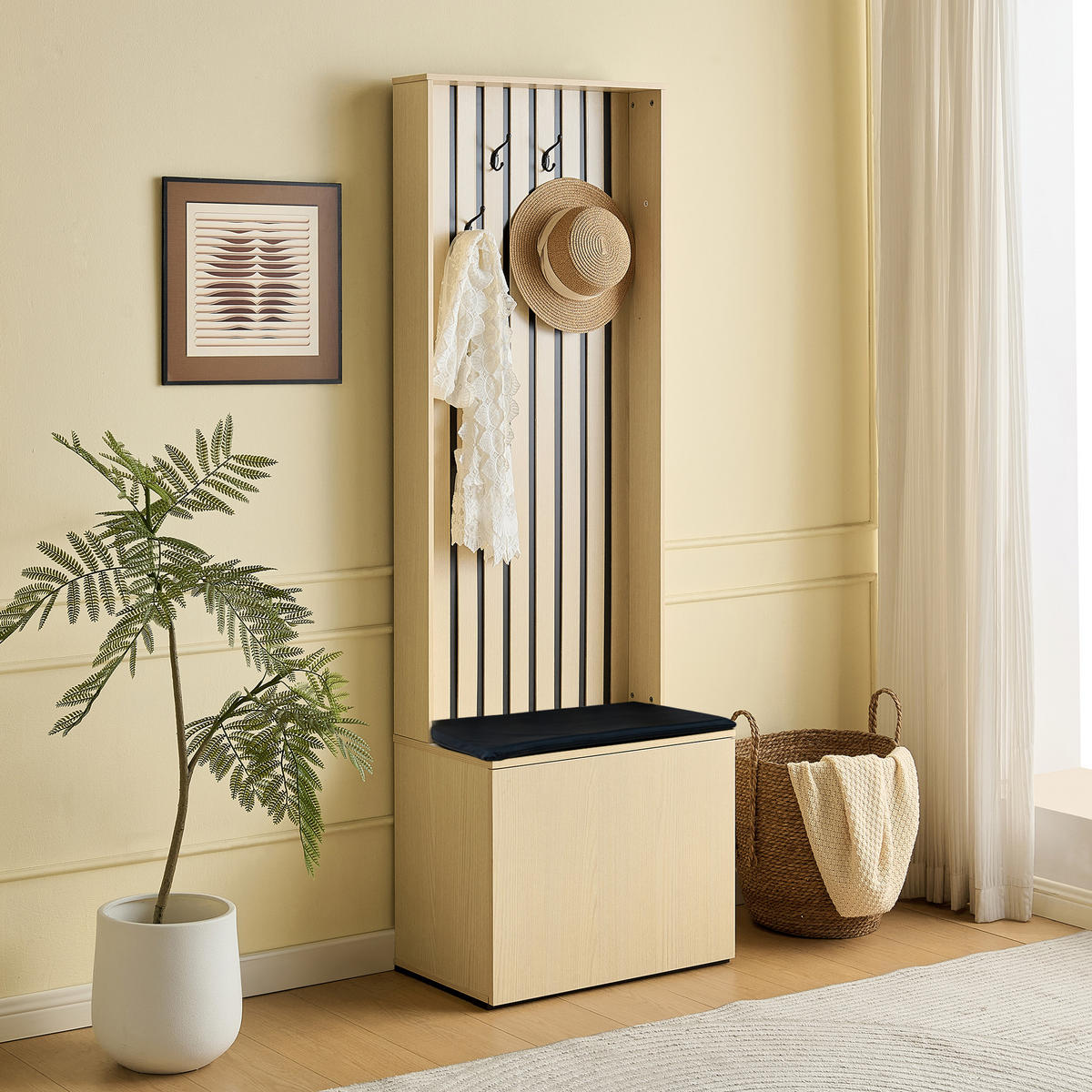 GARDEROBE Sitzbank Schuhschrank 4 Haken Stauraum Flur Organizer - Naturfarben, Holzwerkstoff (61/179.5/35cm) - FLIEKS