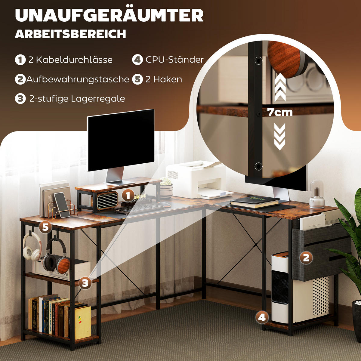 SCHREIBTISCH L-förmiger, 168 x 120 cm, Rustikal-Braun - Braun, Holz/Metall (120/168/90cm) - HOMCOM