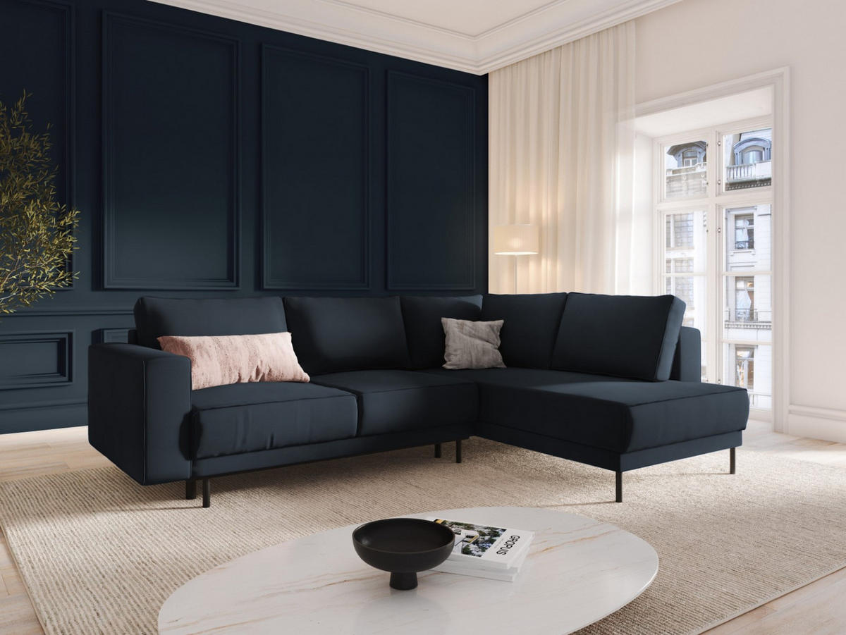 AUSKLAPPBARES-ECKSOFA rechts Caro aus Samt dunkelblau 5 Sitzplätze - Dunkelblau, Textil (187/247cm) - Micadoni