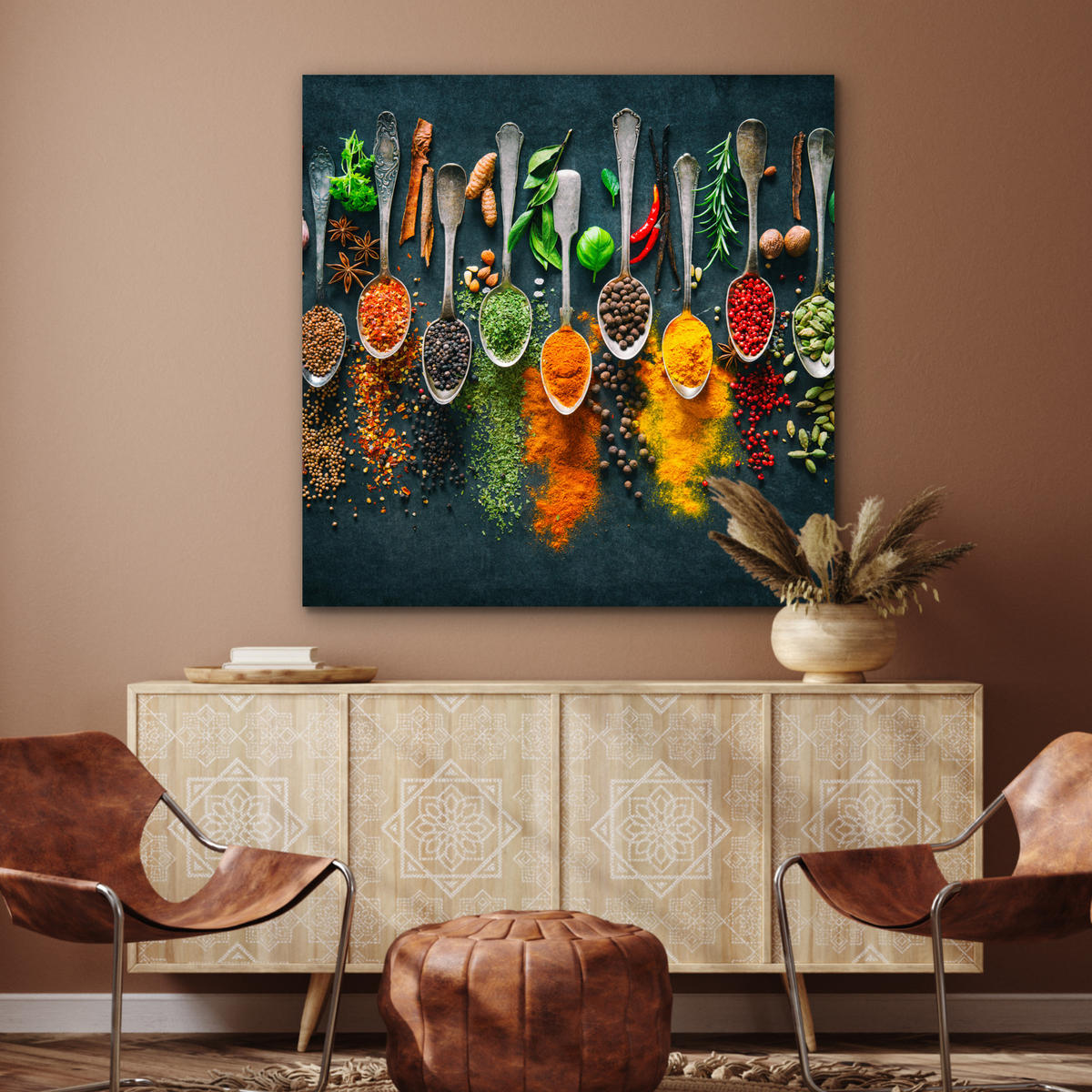 KOVOVÝ OBRAZ Bylinky - korenie - lyžičky 90x90 cm - kari žltá, kov (90/90cm) - MuchoWow
