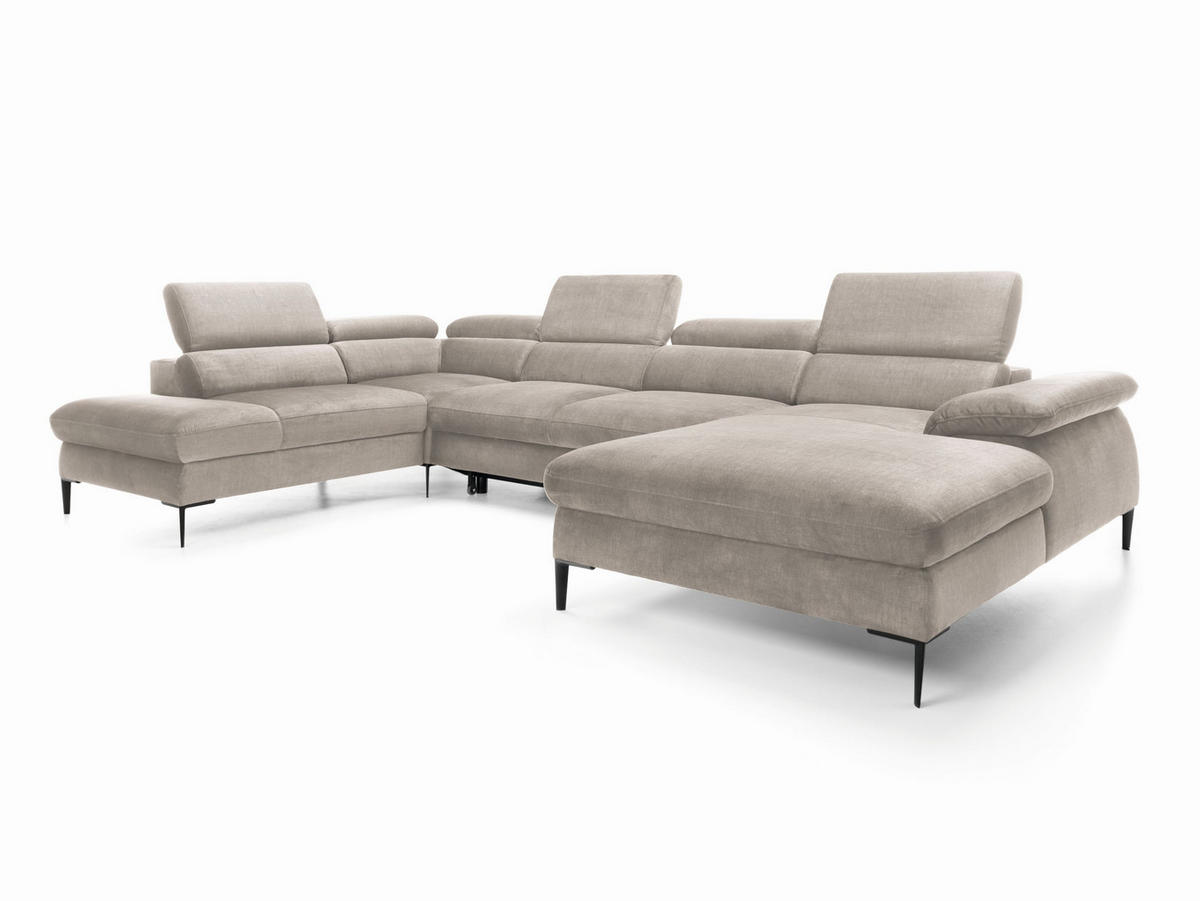 WOHNLANDSCHAFT MESTO Beige Velours-Stoff mit Schlaffunktion - Beige, Holz (353/94/182cm) - MASSENO