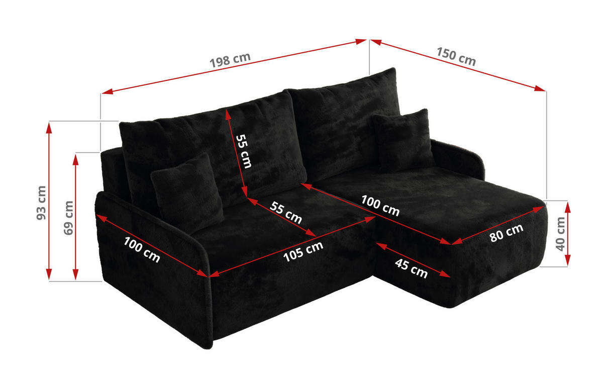 ECKSCHLAFSOFA ARPA L Schwarz Plüsch - rechts - Schwarz, Kunststoff/Textil (150/198cm) - MKS