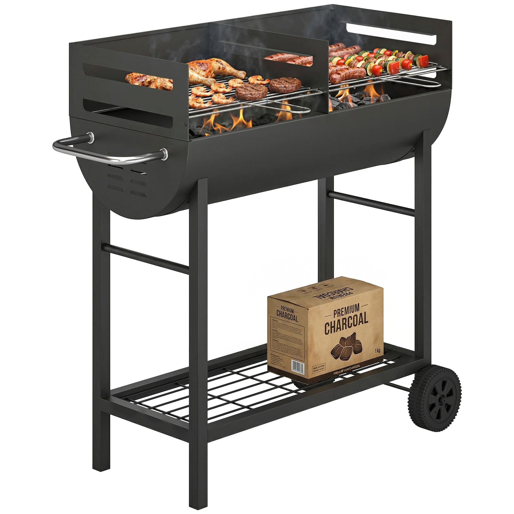 HOLZKOHLEGRILL DE-10293 2 Grillzonen höhenverstellbar Schwarz - Schwarz, Metall (46.5/100/103cm) - ComfortXL