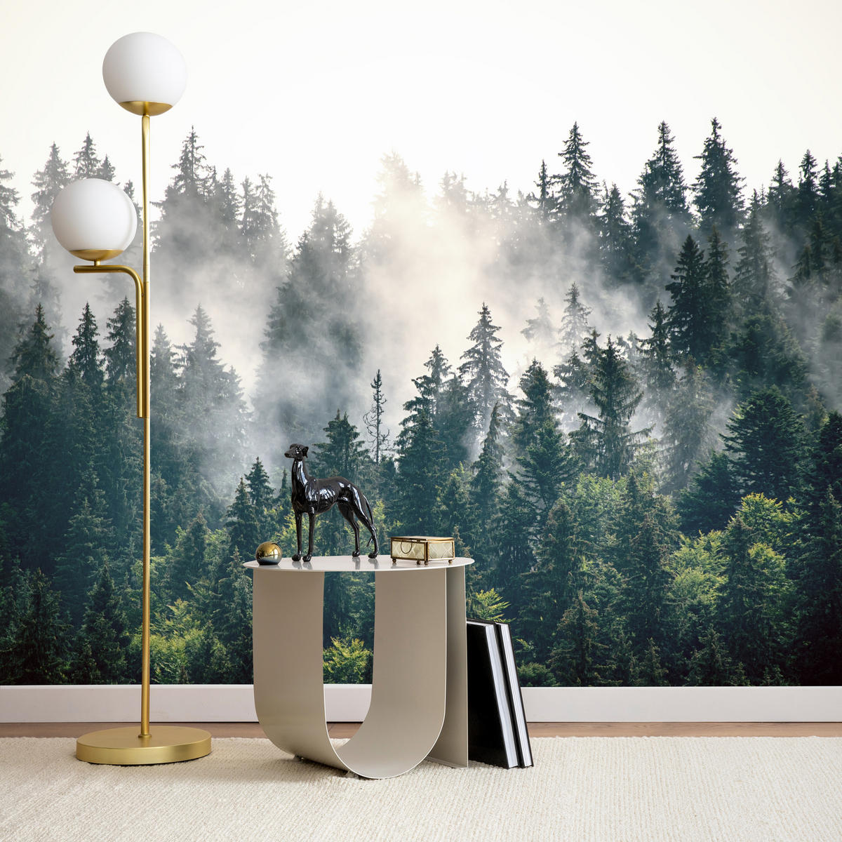 FOTOTAPETE für Wohnzimmer Nebeliger Nadelwald Berg Mystik Bäume 500x350 - Weiß/Grün, Papier (500/350cm) - Muralo