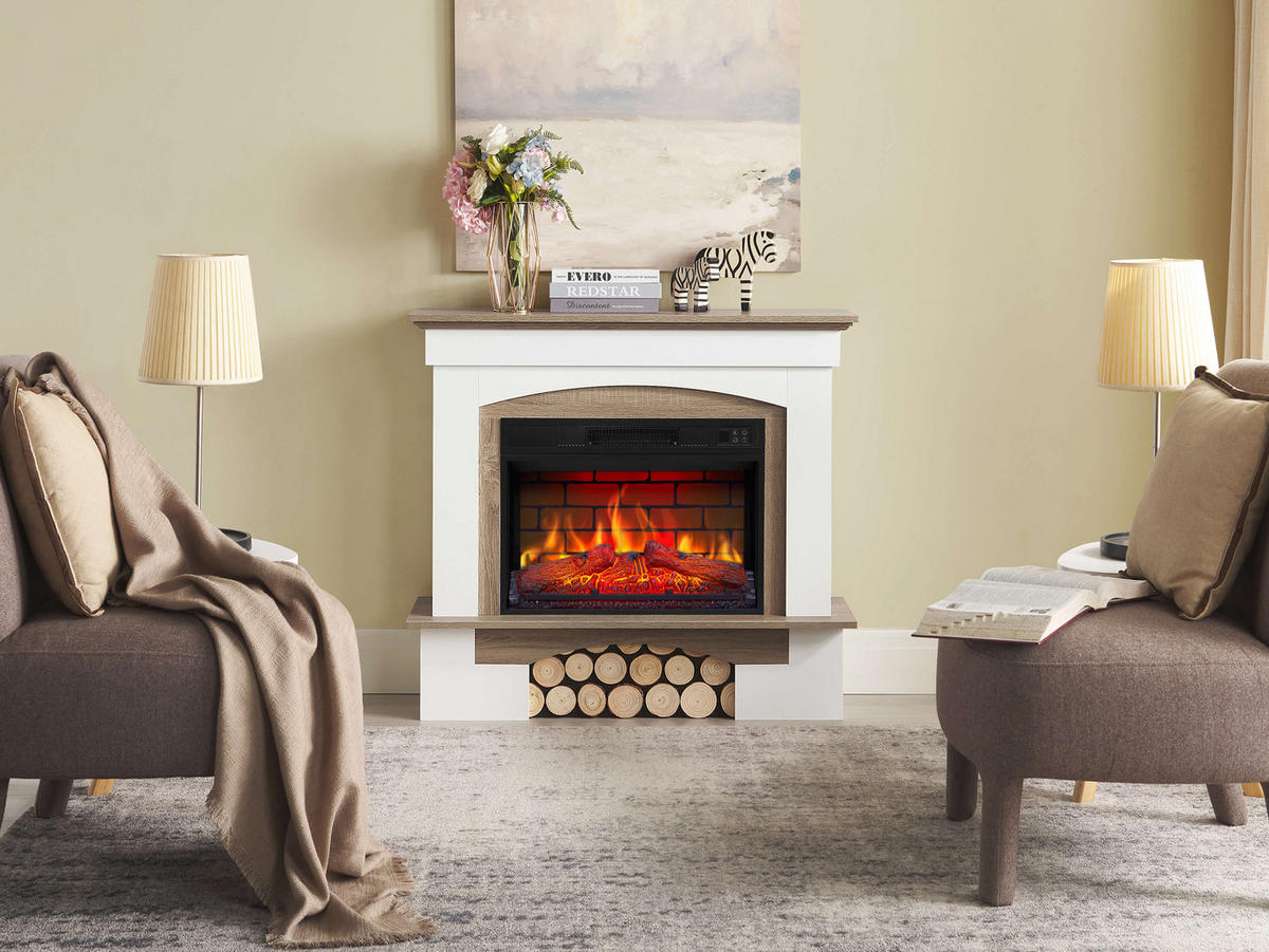 ELEKTROKAMIN Woodley AF23BS Weiß Graueiche – Breite 96 cm, 3D-Flammeneffekt, LED-Beleuchtung, Heizfunktion - Weiß, Glas/Holzwerkstoff (98.5/90/30cm) - ArtiFlame