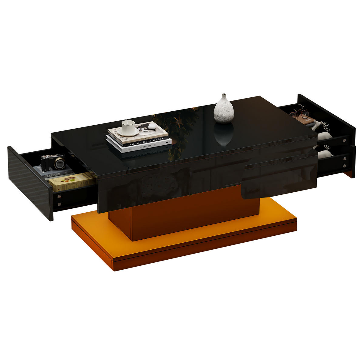 HOCHGLANZ-COUCHTISCH, 2 Schubladen, I‑Form mit LED-App‑Steuerung, 100/50/45 cm, schwarz - Schwarz, Holzwerkstoff (100/50/45cm) - Redom