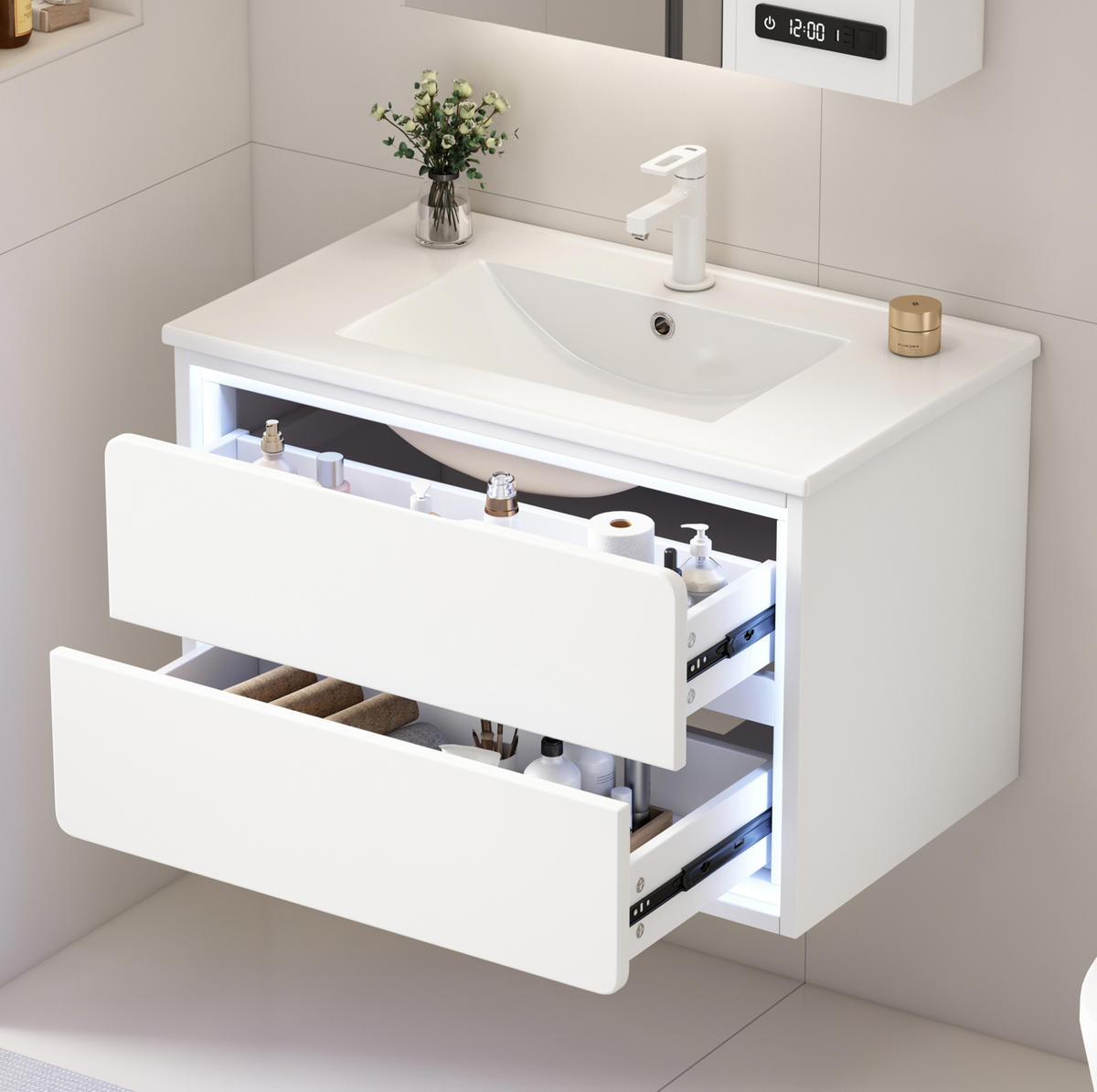 ZÁVĚSNÁ koupelnová skříňka z MDF 76x46x48,5 cm bílá s keramickým umyvadlem, LED senzorovým osvětlením a 2 zásuvkami - bílá, kompozitní dřevo (76/58.5/46cm) - Modfu