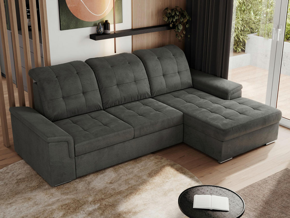 ECKSOFA MADRITO L - Dunkelgrau Velorus - Rechts - Dunkelgrau/Silberfarben, Textil/Metall (256/160cm)