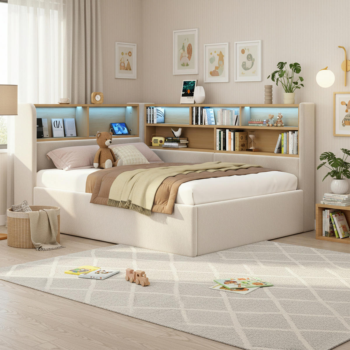 TAGESBETT 90/200 cm mit hydraulischem Stauraum, LED-Beleuchtung, USB- und Type-C-Anschluss, Samt, Beige - Beige, Textil (90/200cm) - Redom