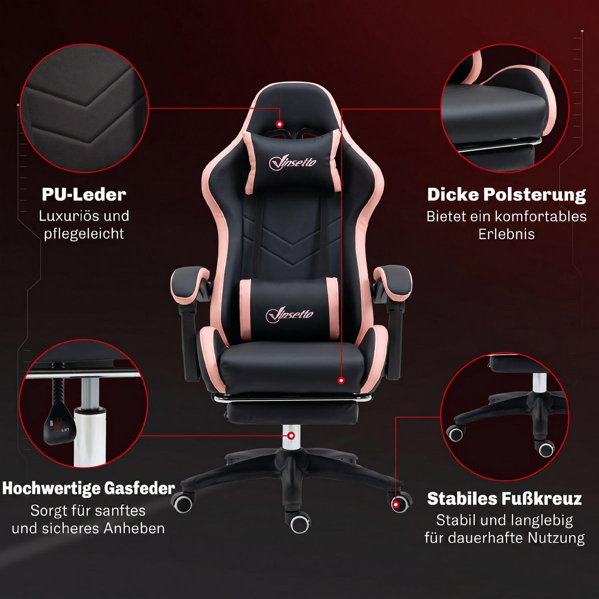 GAMINGSTUHL mit Kopf- und Lendenstütze Rosa + Schwarz - Schwarz, Kunststoff (65/129/65cm)