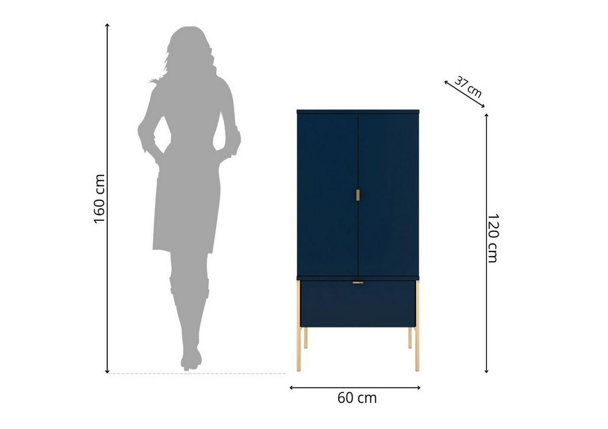 HIGHBOARD Polka, Marineblau, Goldene Details - Goldfarben/Dunkelblau, Holzwerkstoff/Metall (60/120/37cm) - Skandica