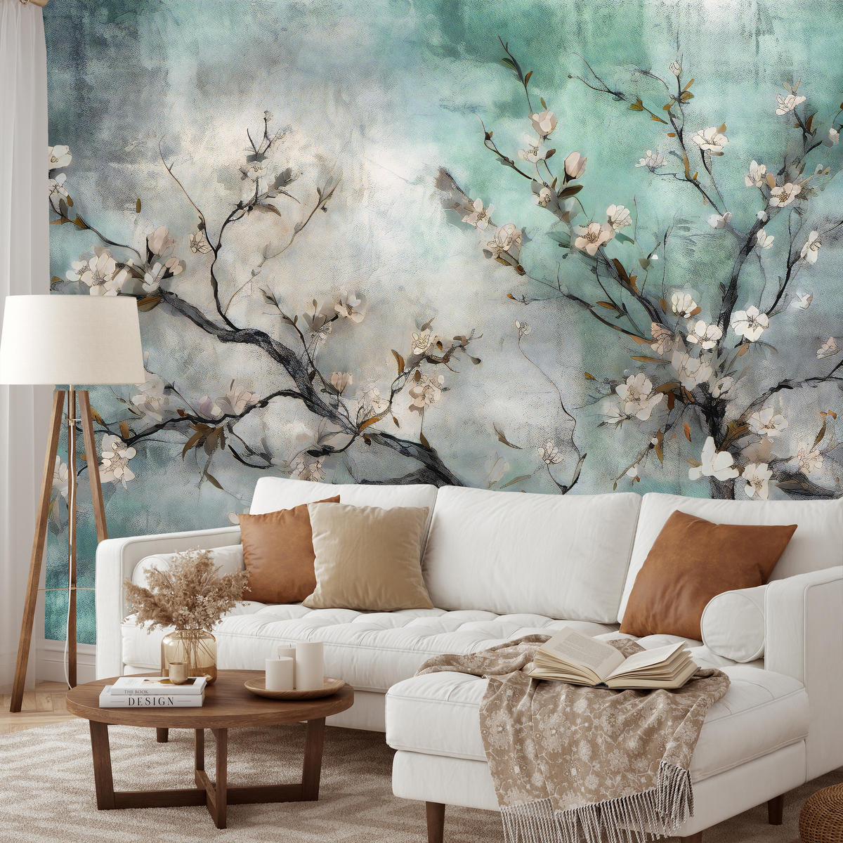 FOTOTAPETE für Schlafzimmer Abstrakte Kirschblüten Beton Pflanzen 200x140 - Beige/Braun, Papier (200/140cm) - Muralo