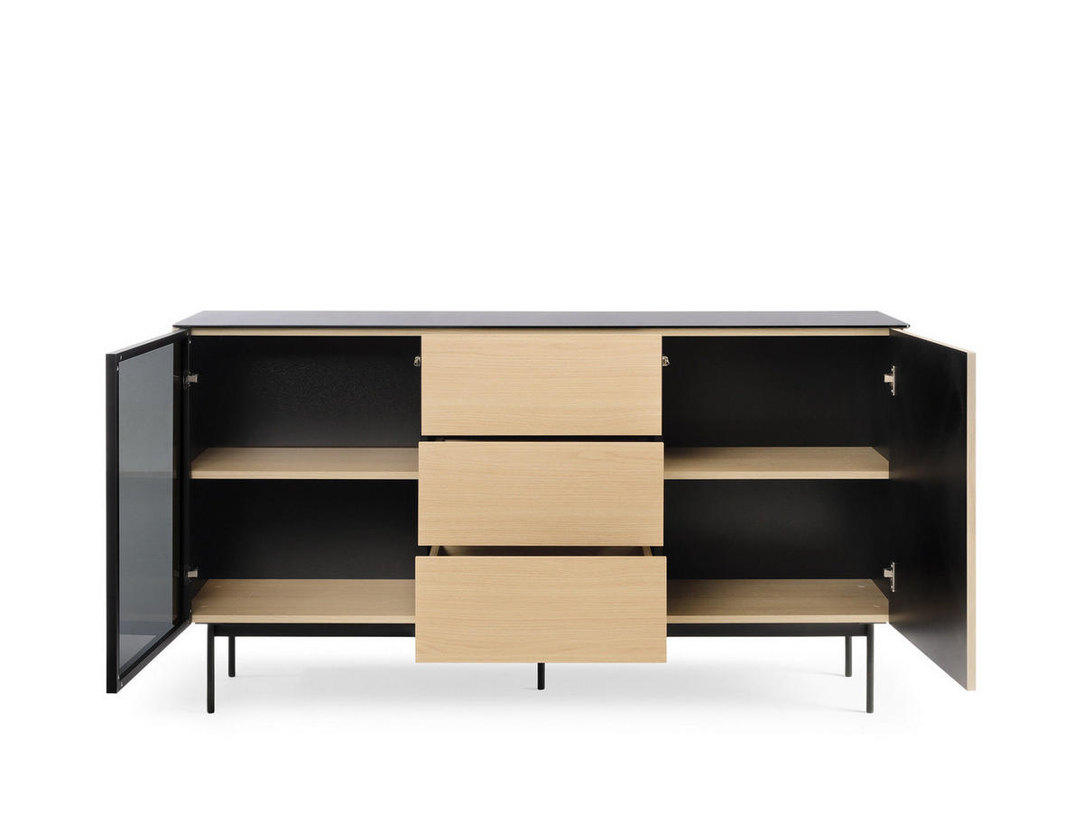 SIDEBOARD DIJON KSZ157 157 cm (Vicenza Eiche, Glasplatte, Antisol-Glas, LED) - Eichefarben/Schwarz, Glas/Holz (157/84/39cm) - Ravio
