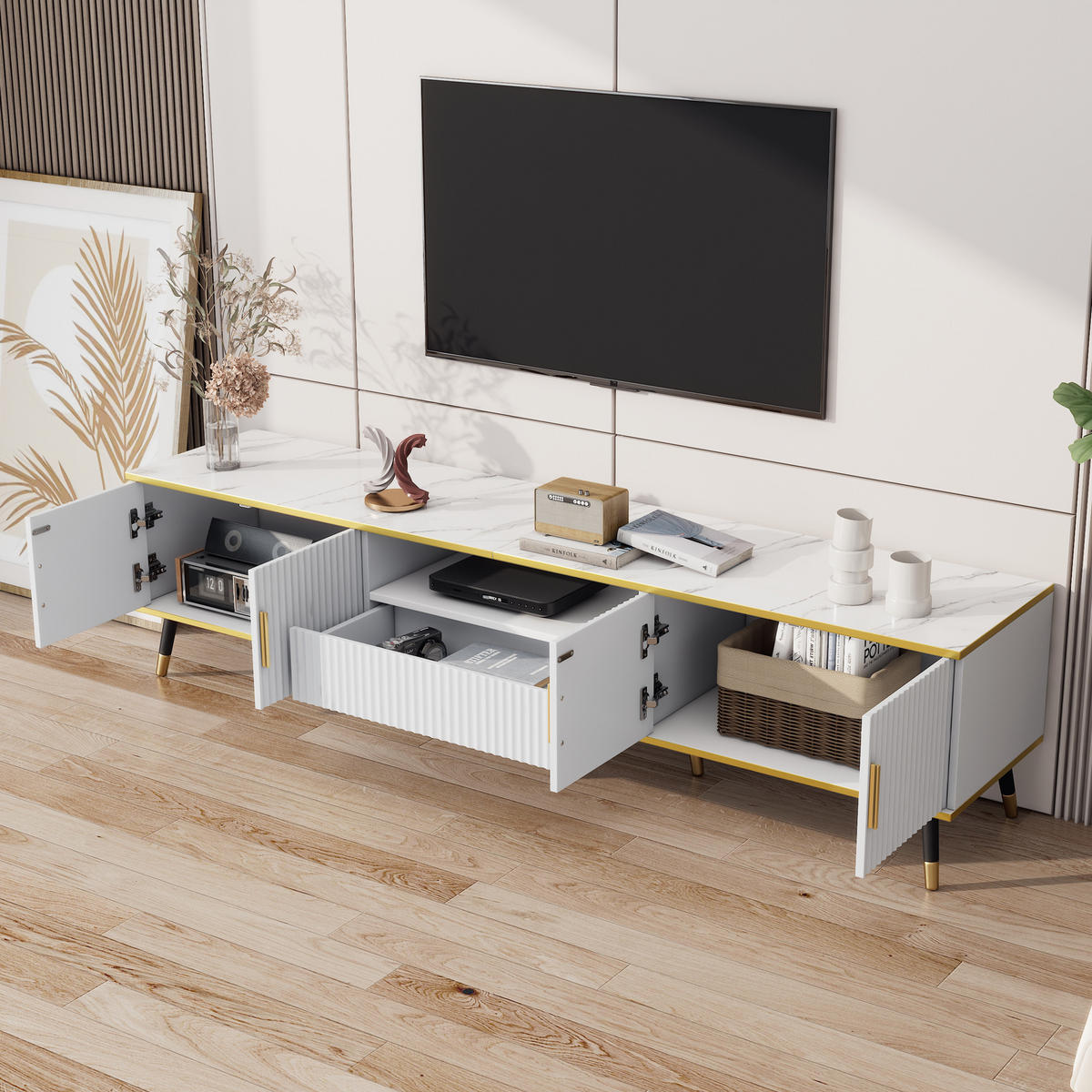 TV-LOWBOARD 200x40x46 cm Marmoroptik Schrank Türen Schublade - Weiß, Holzwerkstoff (40/46/200cm) - FLIEKS