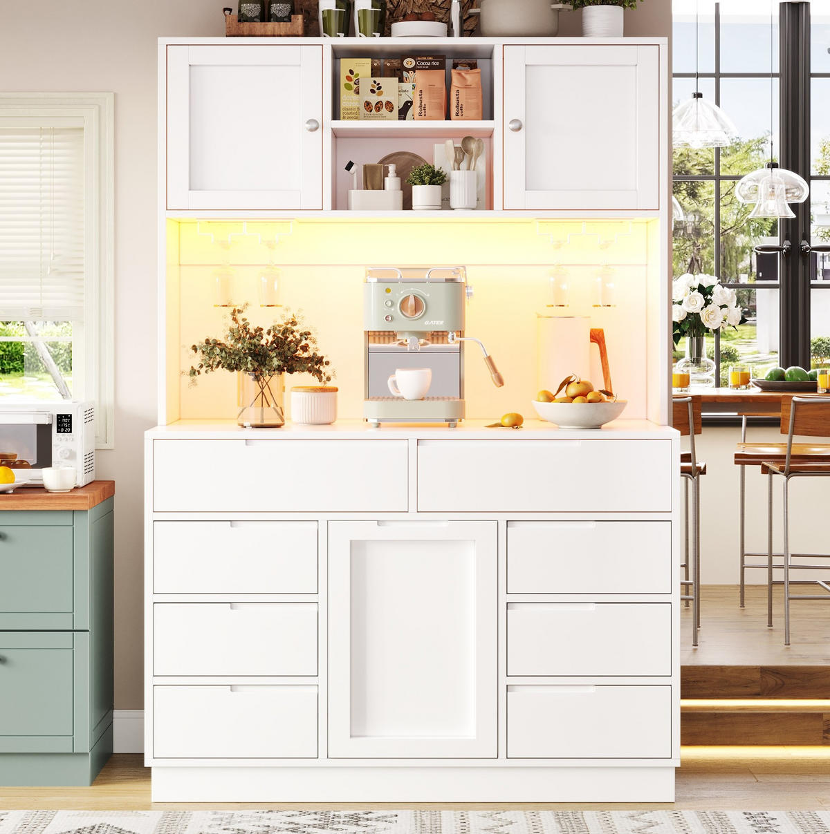 BUFFET 120/40/183,5 cm in Weiß mit LED-Beleuchtung und 8 Schubladen - Weiß, Holzwerkstoff (120/183.5/40cm) - Flora Grace