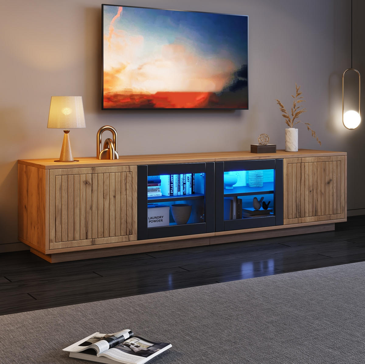 TV-ELEMENT mit LED 180 x 40 x 45 cm Naturholzoptik Schwarz 4 Türen - Braun, Holzwerkstoff (40/45/180cm) - Beauniv