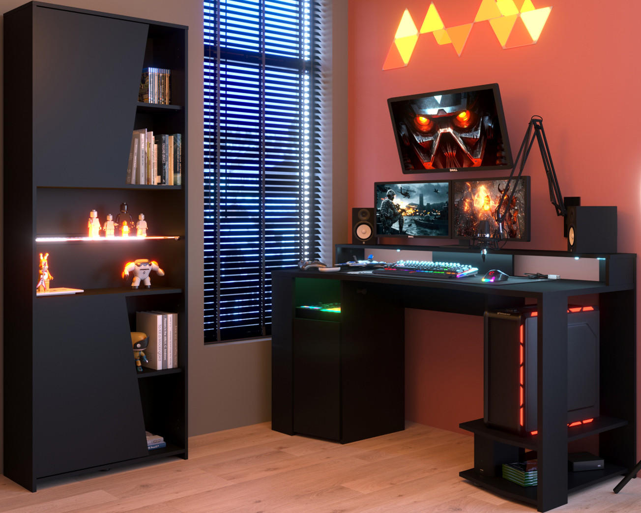 JUGENDZIMMER Gaming Set mit Schreibtisch und Schrank inkl. LED - Schwarz, Glas/Holzwerkstoff (220/180/62cm) - Parisot Meuble