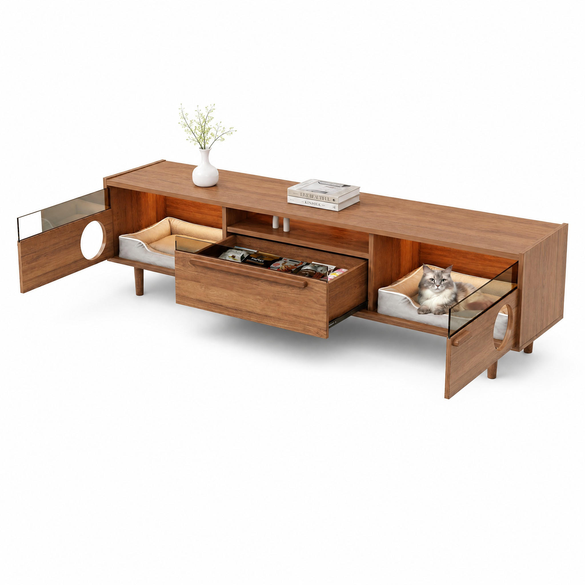 LOWBOARD in Nussbaumfarben Fernsehschrank mit LED und Katzenruheraum für Wohnzimmer, B180/T40/H50cm - Walnussfarben, Glas/Holzwerkstoff (180/50/40cm) - STILVORA