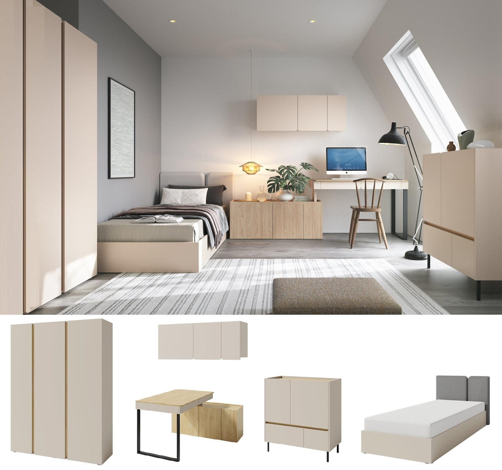 JUGENDZIMMER Laris Set C mit Bett 90 x 200 - Sandbeige / Eiche geölt - Eichefarben/Beige, Holzwerkstoff/Metall (145/195/50cm) - QMM TraumMöbel