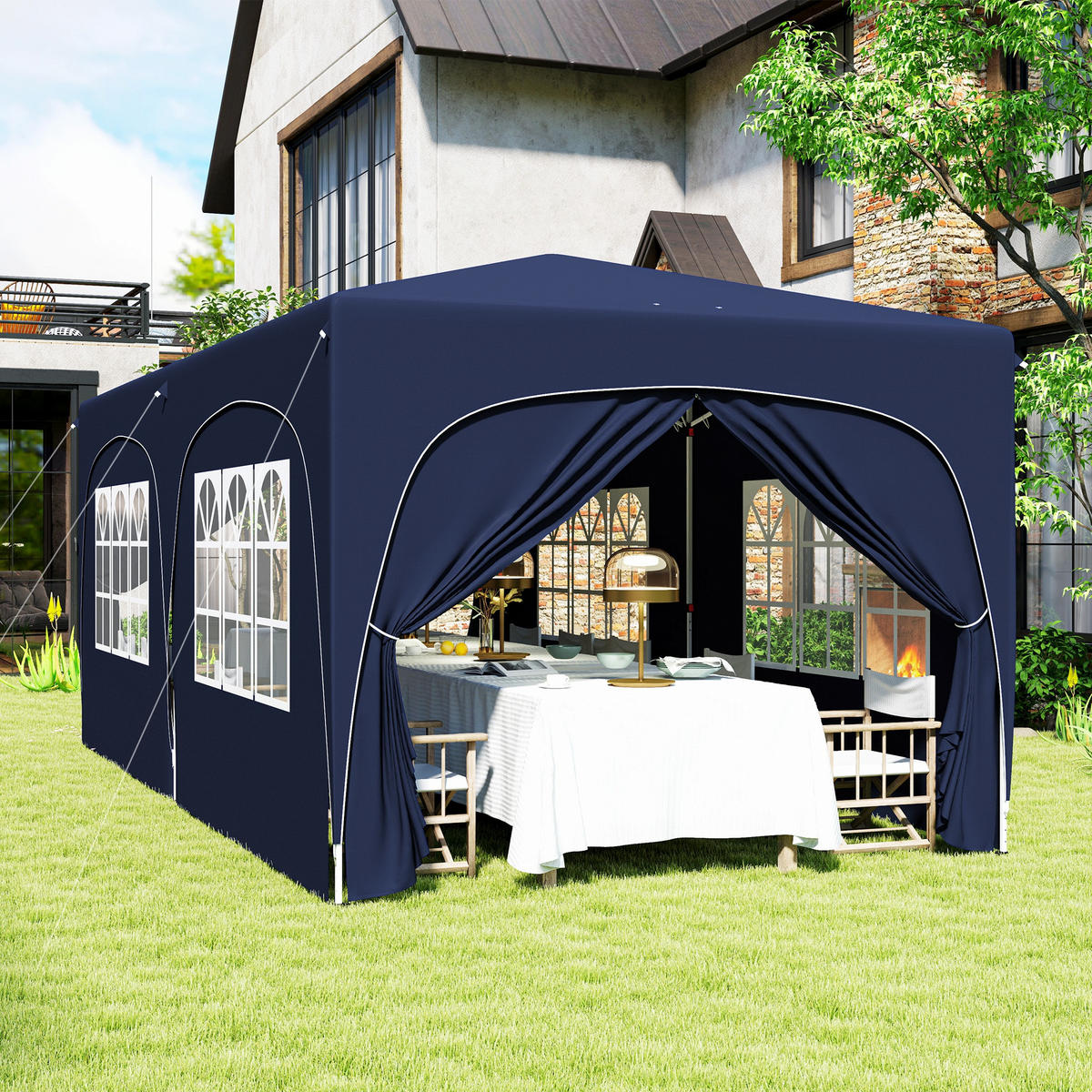 FALTPAVILLON, 3x6m, Seitenwände, UPF50+, höhenverstellbar, Dunkelblau - Multicolor, Metall (597/270/300cm) - FORIOUS
