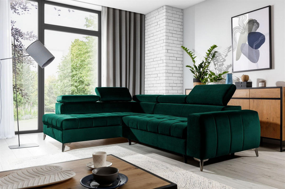 ECKSOFA Schlafsofa Agnesa In Salvador - Dunkelgrün, Holzwerkstoff/Textil (275/200cm) - Fun Möbel