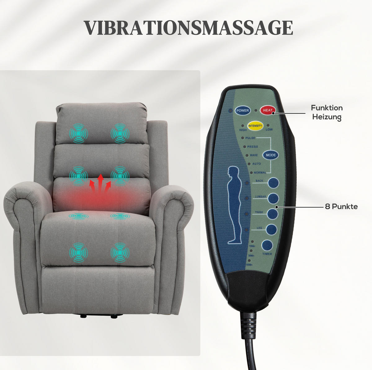 RELAXSESSEL in Hellgrau mit Aufstehhilfe, Massage und Heizfunktion,91/89/106 cm - Hellgrau, Kunststoff (91/106/89cm) - BEAOK