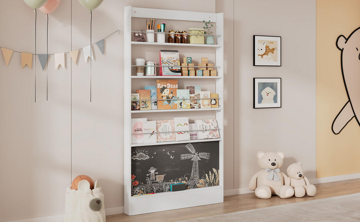 BÜCHERREGAL Weiß 2er-Set mit Schwarztafel 200/10/180 cm - Weiß, Holzwerkstoff (100/180/10cm) - PANGIVO