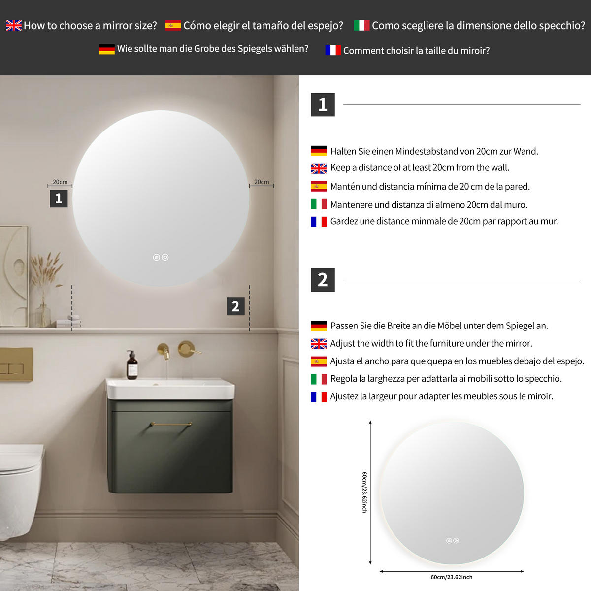 BADEZIMMERSPIEGEL mit LED, Rund 80 cm, Anti-Beschlag, 3 Anpassbare Helligkeit - Transparent, Glas (80/4/80cm)