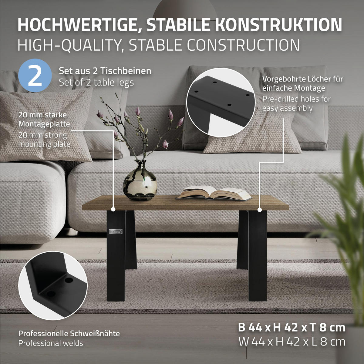 TISCHBEINE 2er Set Loft 44 x 42 cm Schwarz matt - Schwarz, Metall (44/42/8cm) - ML-DESIGN
