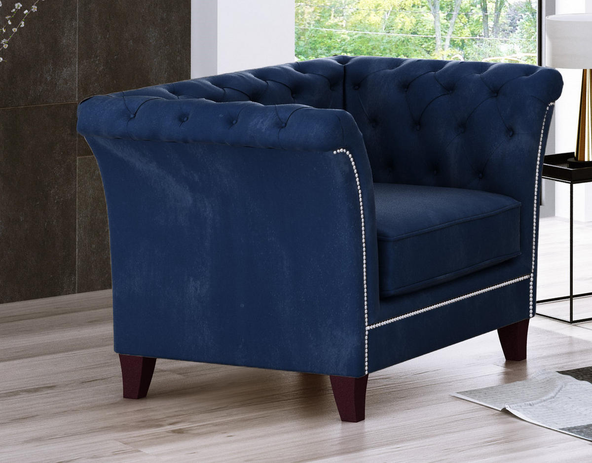 CHESTERFIELD-SESSEL Fusion Blau Samt - Blau/Braun, Holz/Textil (116/75/82cm) - S-Style Möbel