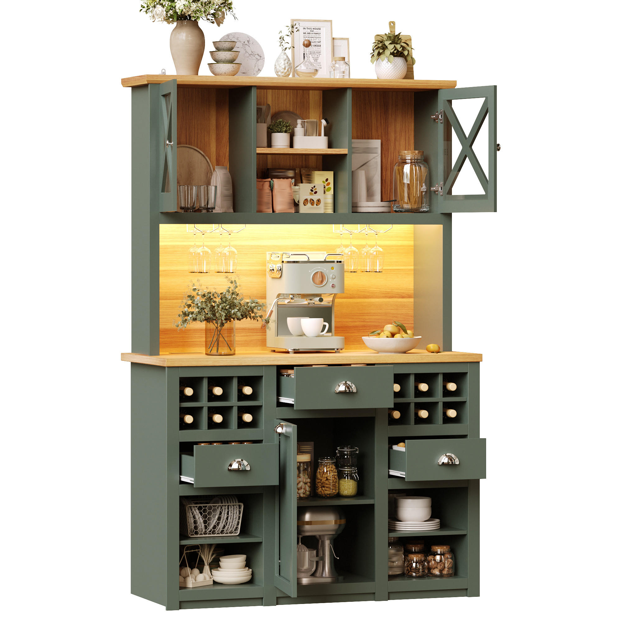 GESCHIRRSCHRANK aus MDF & Glas 120x45x188cm in Antique Green mit LED & Steckdosen - Dunkelgrün, Holzwerkstoff (120/188/45cm) - Modfu