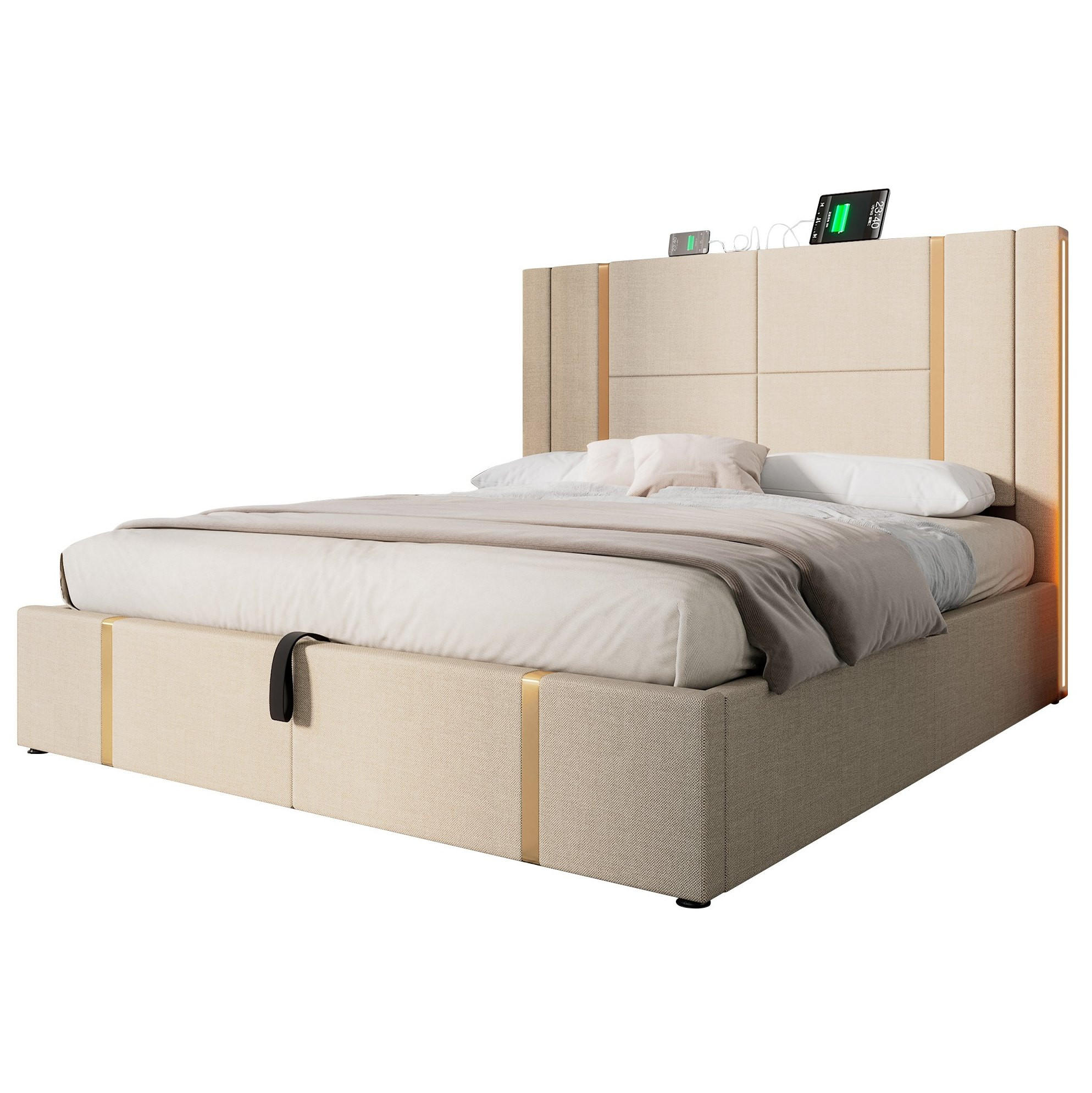 POLSTERBETT aus Leinen 160x200 cm in Beige mit LED-Beleuchtung & USB-C - Beige, Textil (160/200cm) - Modfu