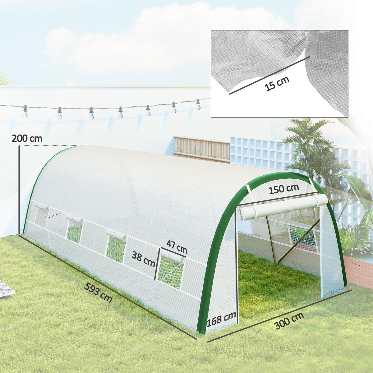 GEWÄCHSHAUS DE-11945 18 m² mit Tür & 8 Fenstern Weiß - Weiß, Kunststoff (300/200/593cm) - ComfortXL