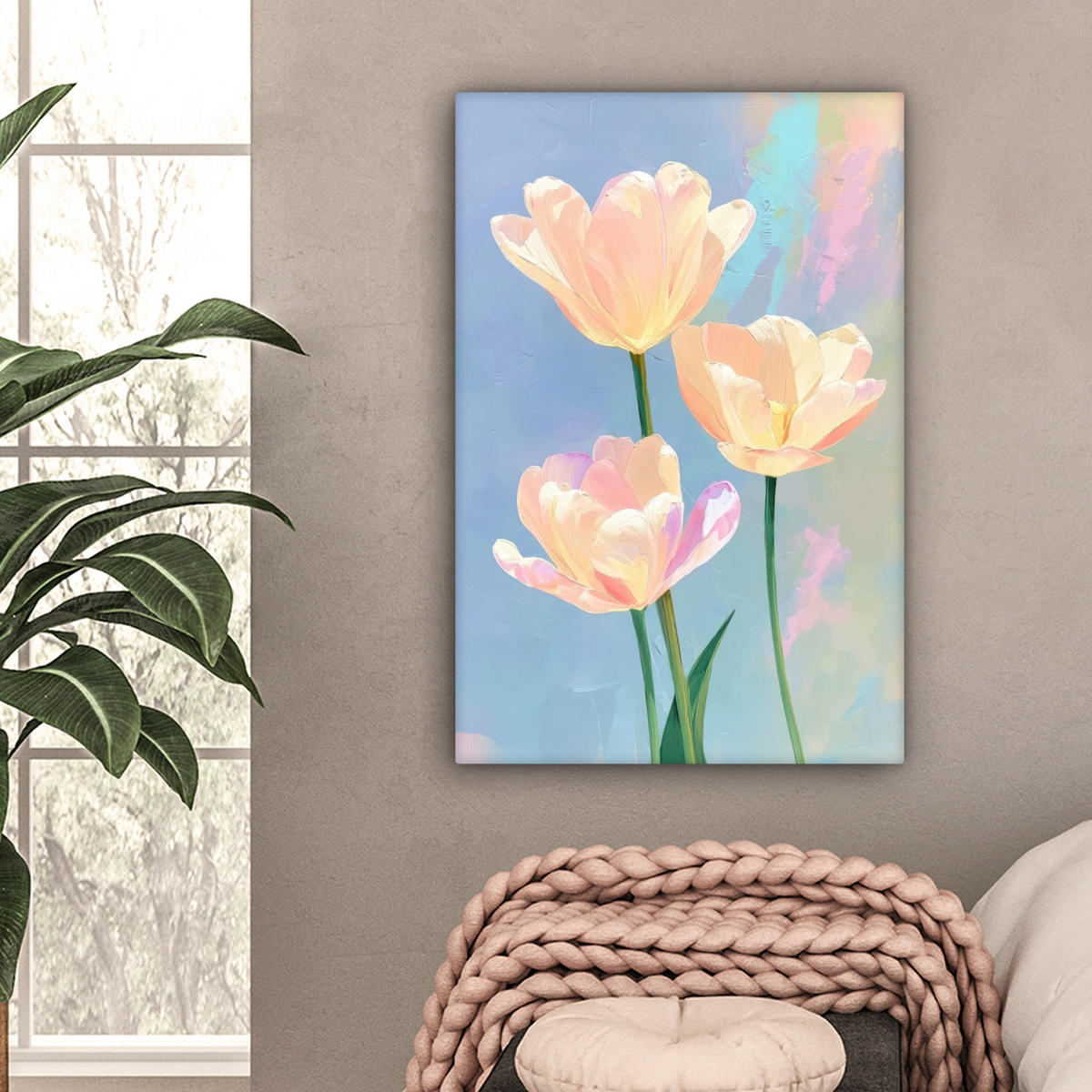 LEINWANDBILD Tulpen - Rosa Akzente - Blau Wanddeko Schlafzimmer 60x90 cm - Pastellblau, Textil (60/90cm) - MuchoWow