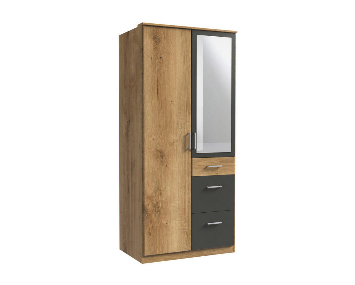 KLEIDERSCHRANK Click in Plankeneiche mit Grafit - Drehtürenschrank 91 cm Breite mit Spiegel - Braun, Holzwerkstoff (91/199/58cm)