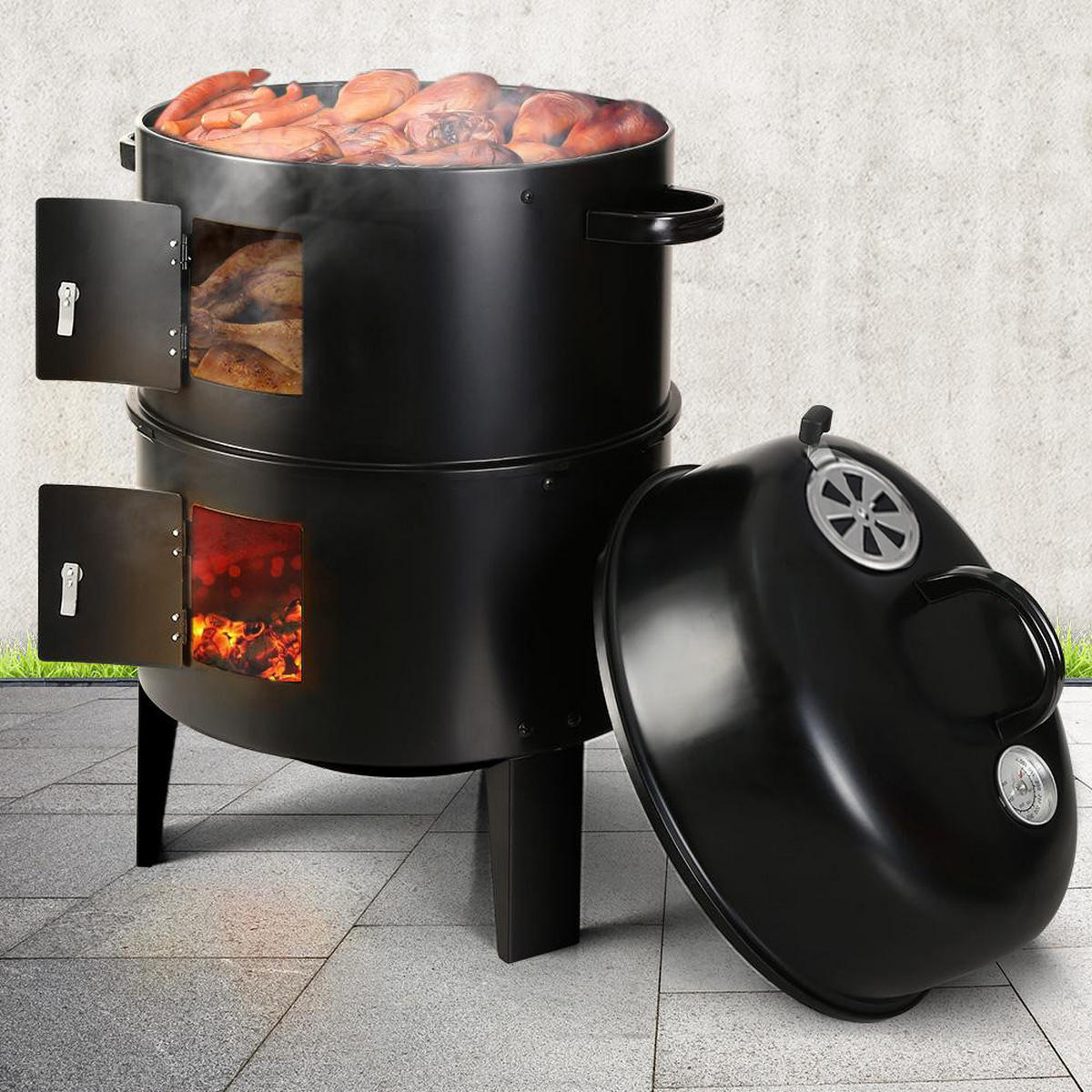 BBQ-SMOKER 3-in-1-Smoker Holzkohlegrill Räuchergrill aus Stahlblech Schwarz mit 2 Prüftüren abnehmbar 40×40×80 cm - Schwarz, Metall (80/40cm) - Livingandhome