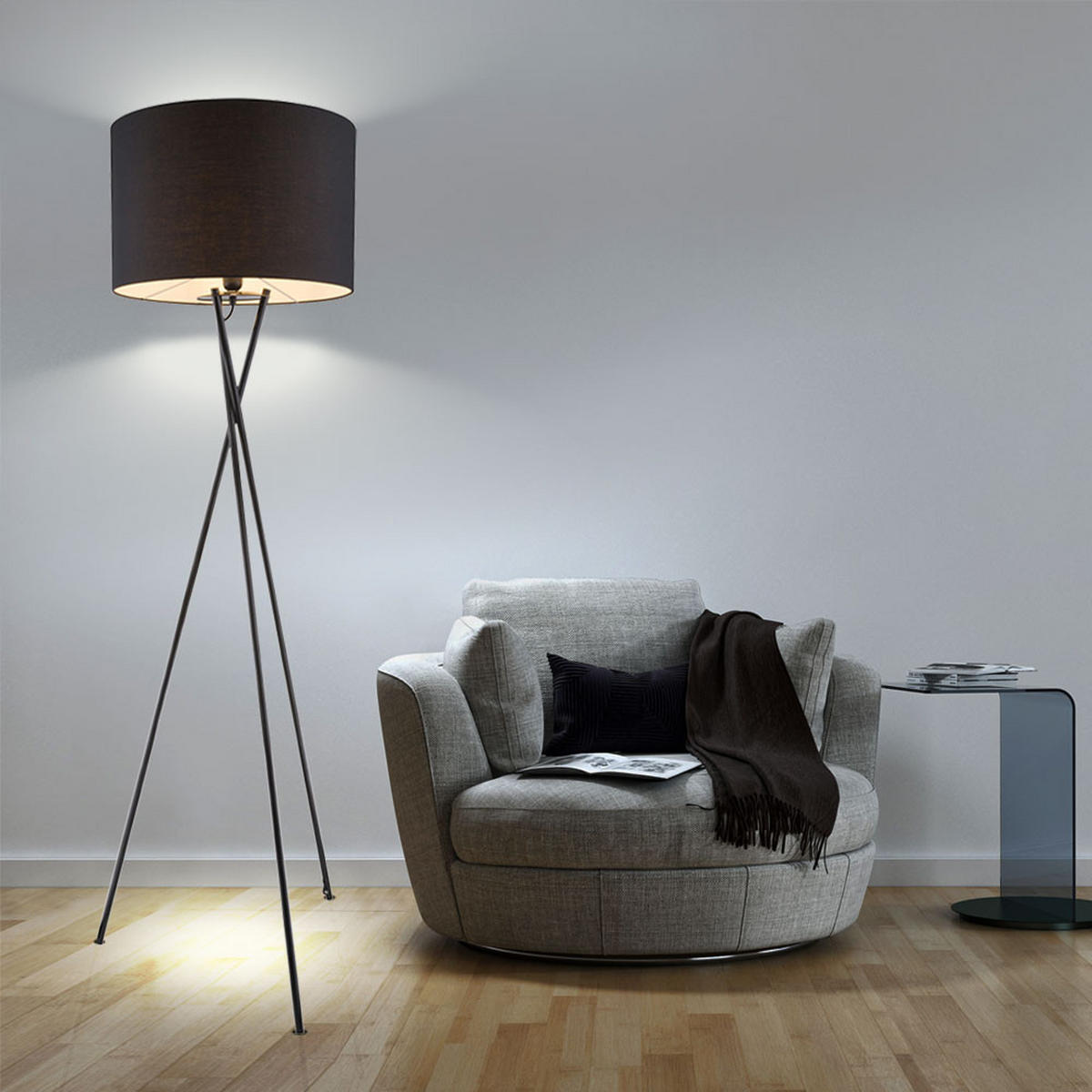 LED STEHLEUCHTE Metall Schwarz Textilschirm - Schwarz, Metall (54/54/160cm) - Globo Lighting