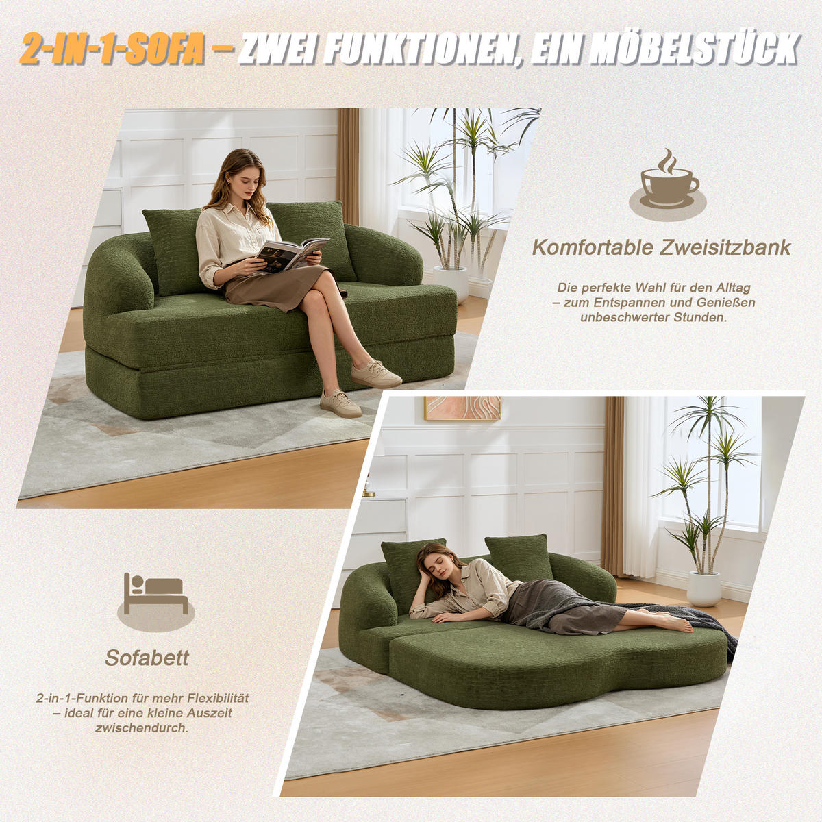 SCHLAFSOFA 2-in-1 Klappbett Grün Chenille 2-Sitzer mit Kissen - Grün, Textil (157/65/84cm) - Urban Meuble