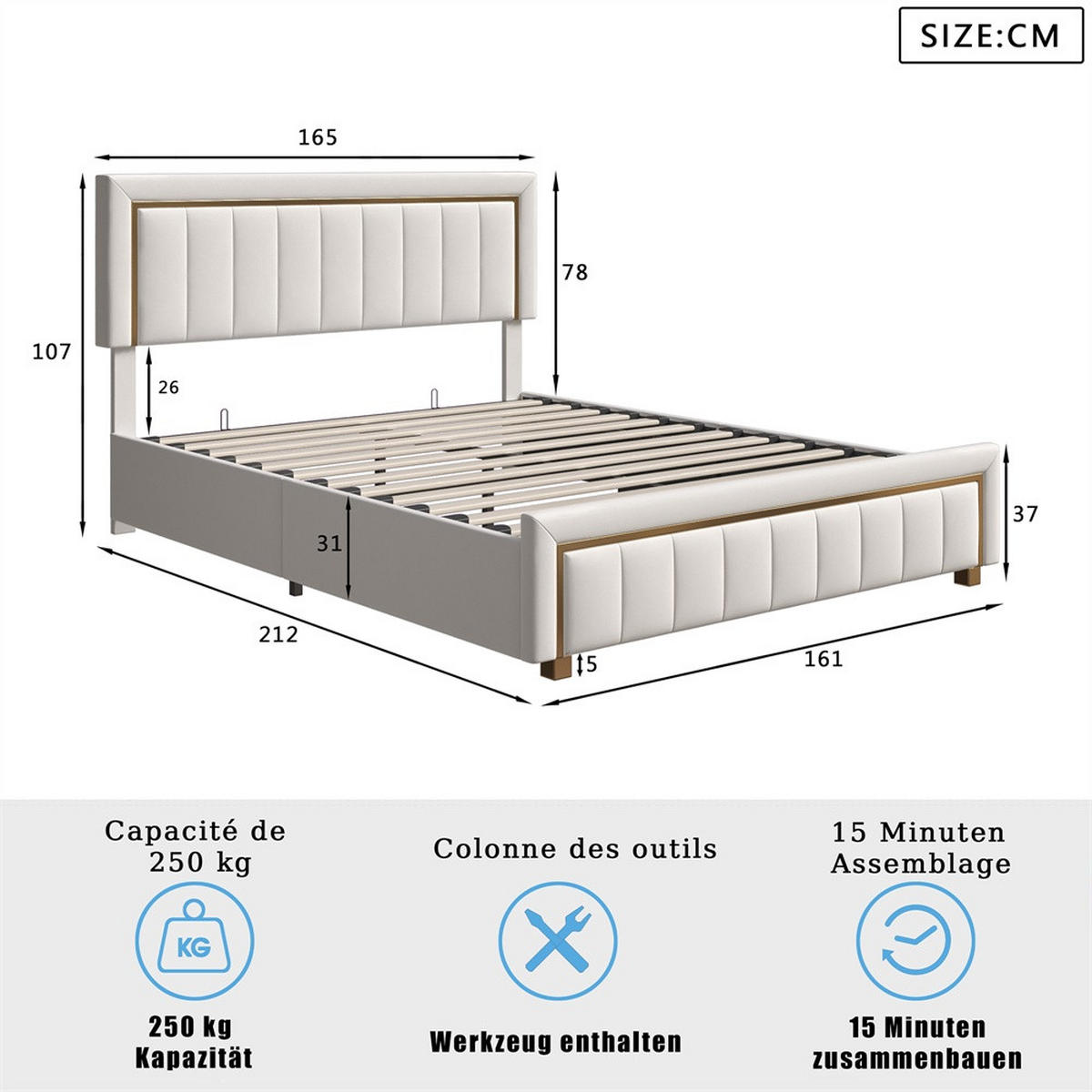 POLSTERBETT 160x200 cm - mit vertikal gestepptem Kopfteil und hydraulischem Bettkasten - ohne Matratze - Beige, Textil (160/200cm) - DELFA